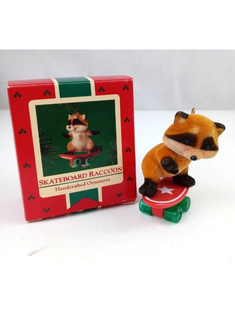 Vintage 1985 Hallmark Keepsake Ornament Flocked Fuzzy Skateboard Raccoon IOB